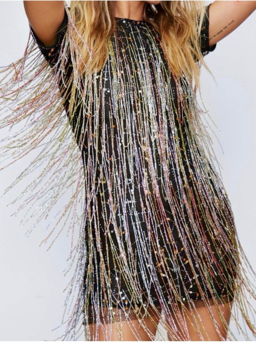 Nasty Gal Black Mini Dress with Multicolor Sequin Fringe